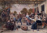 A terrace with a couple dancing to a pipe and fiddle